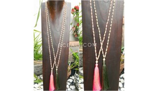 wood beige bead tassels necklace 4color ethnic balinese design